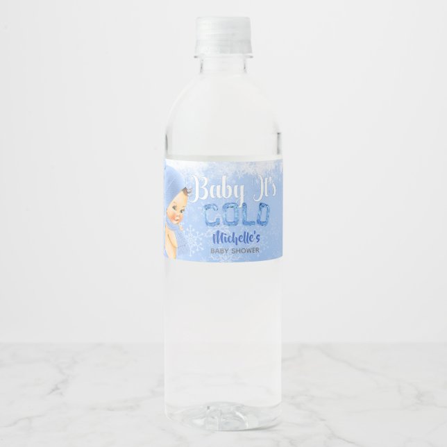 Rótulo De Garrafa De Vinho Bebê É Fria Floco de Neve Chuva Azul Menino (Frente)