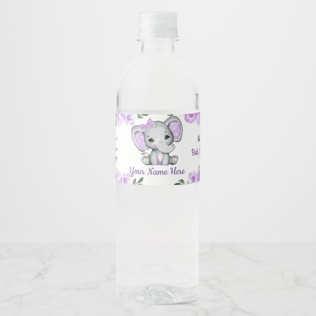 Rótulo De Garrafa De Vinho Bebê Elefante Rótulo de Água Roxo Floral (Frente)