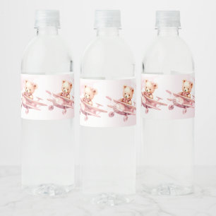 Rótulo De Garrafa De Vinho Bela Menina Bear Piloto Rosa Avião Rosa Bonito