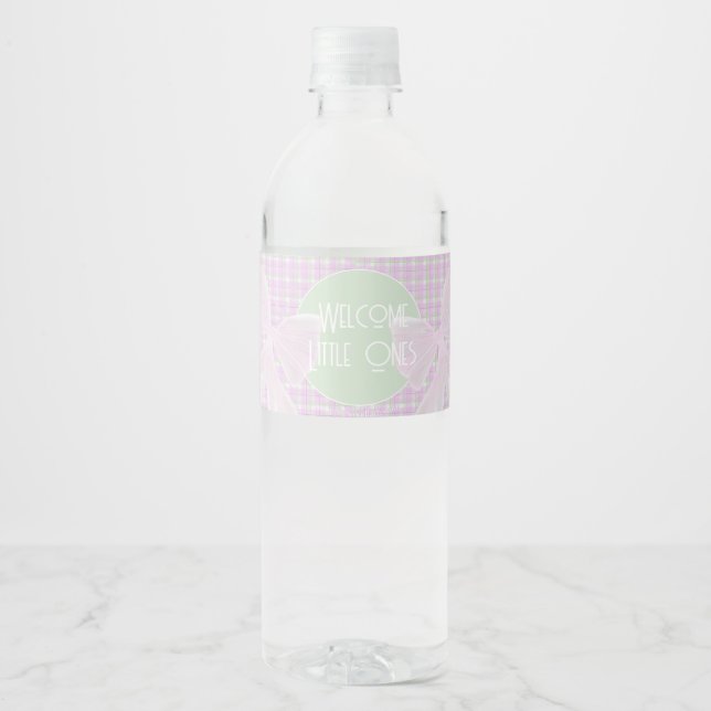 Rótulo De Garrafa De Vinho Bem-vindos Pequenos-Gêmeos laço rosa xadrez (Frente)