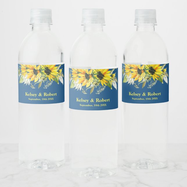 Rótulo De Garrafa De Vinho Blue Sunflower Wedding Water Bottle Label (Garrafas)