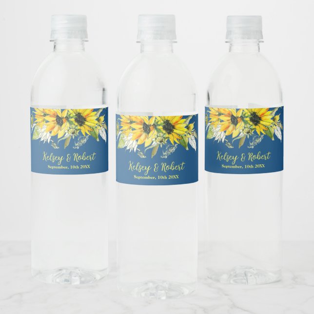 Rótulo De Garrafa De Vinho Blue Sunflower Wedding  Water Bottle Label (Garrafas)