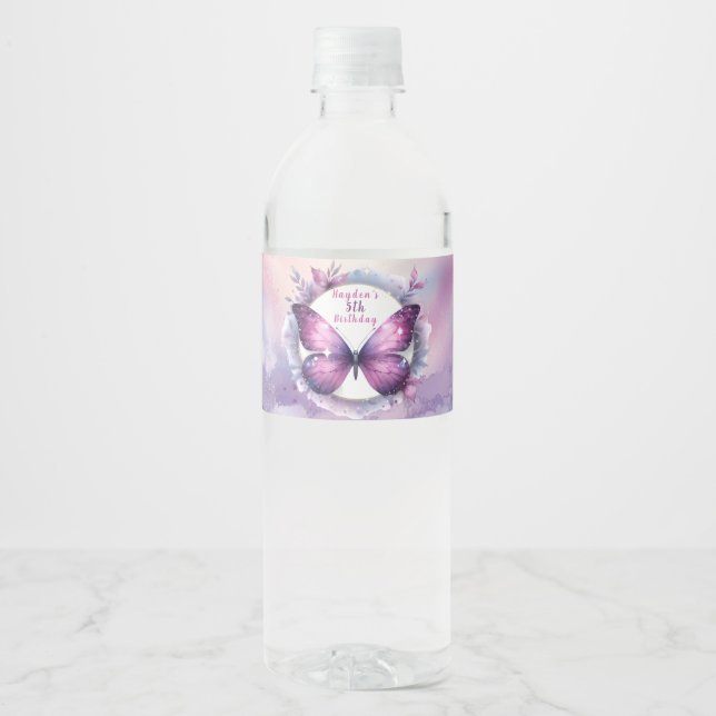 Rótulo De Garrafa De Vinho Borboleta de Brilho Roxo - Aniversário (Frente)