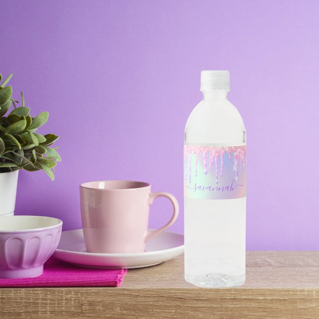 Rótulo De Garrafa De Vinho Brilho rosa dourado arco-íris holográfico nome (Criador carregado)