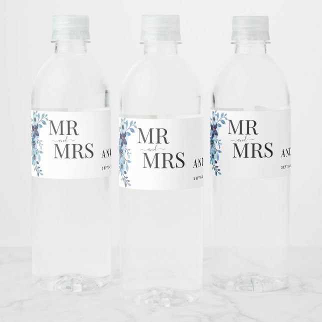 Rótulo De Garrafa De Vinho Buquê de Flores Aquarela Azul Empoeirado Elegante (Garrafas)