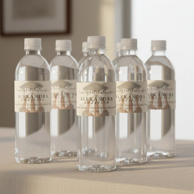 Rótulo De Garrafa De Vinho Caligrafia Caprichosa Arco de Formatura (Whimsical Calligraphy Graduation Bow Water Bottle Label)