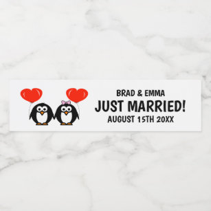 Rótulo De Garrafa De Vinho Casal de casamento de pinguins de recém-casados