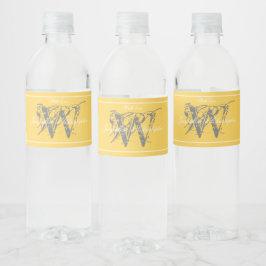 Rótulo De Garrafa De Vinho Casamento Amarelo Ensolarado Monograma Cinza Nomes
