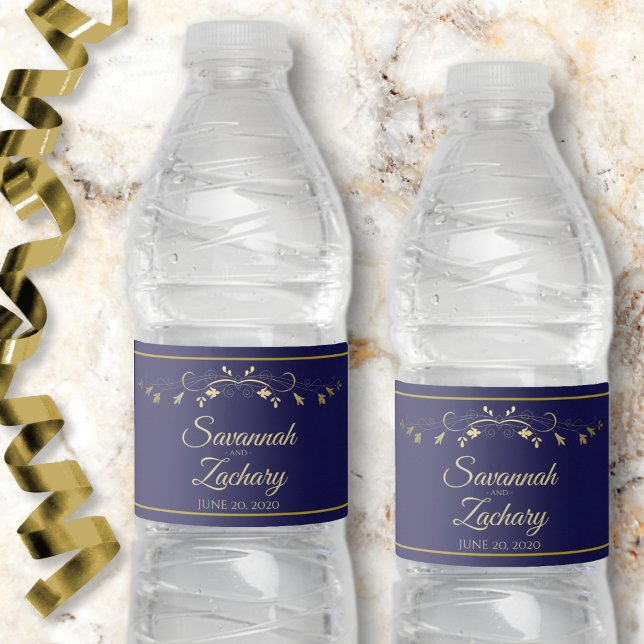 Rótulo De Garrafa De Vinho Casamento Azul-Marinho Floral Dourado Elegante (Criador carregado)
