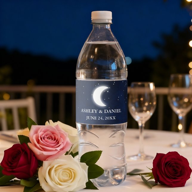 Rótulo De Garrafa De Vinho Casamento Celestial Aquarela Céu Azul Lua Estrelas (Customize to change text size or text style.)