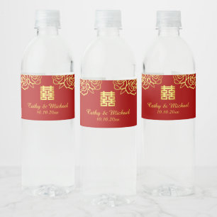 Rótulo De Garrafa De Vinho Casamento chinês floral rosa recorte em papel verm