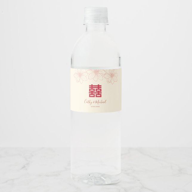 Rótulo De Garrafa De Vinho Casamento chinês floral vermelho e bege Boho (Frente)