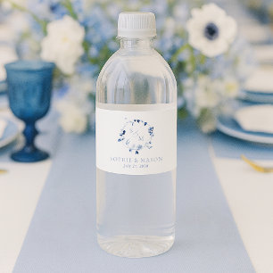 Rótulo De Garrafa De Vinho Casamento com Monograma Floral em Azul Empoeirado