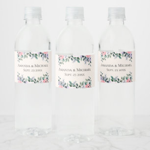 Rótulo De Garrafa De Vinho Casamento de Borda Floral com Cor de Água Rosa e