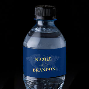 Rótulo De Garrafa De Vinho Casamento de Destino do Mapa do Mundo Azul