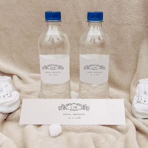 Rótulo De Garrafa De Vinho Casamento de monograma da crista botânica Elegante