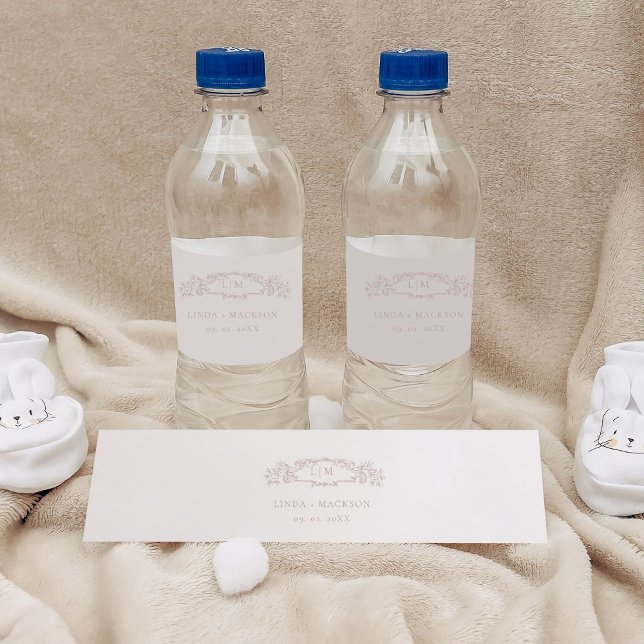 Rótulo De Garrafa De Vinho Casamento de monograma da crista botânica Elegante (Criador carregado)