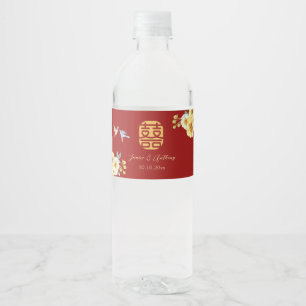 Rótulo De Garrafa De Vinho Casamento de pássaro floral vermelho chinês