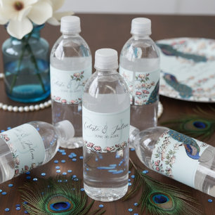Rótulo De Garrafa De Vinho Casamento de Pavão Floral Azul-Elegante