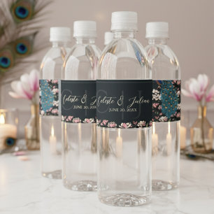 Rótulo De Garrafa De Vinho Casamento de Peacock Floral Negro Elegante
