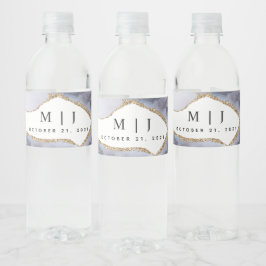 Rótulo De Garrafa De Vinho Casamento Dourado com Glitter e Agata Azul Marinho