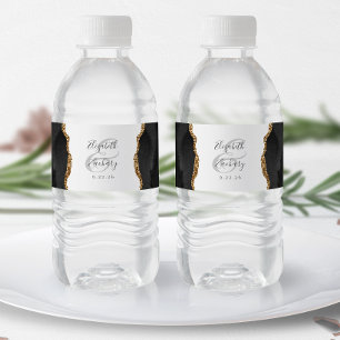 Rótulo De Garrafa De Vinho Casamento Dourado de Agata Negra Moderno