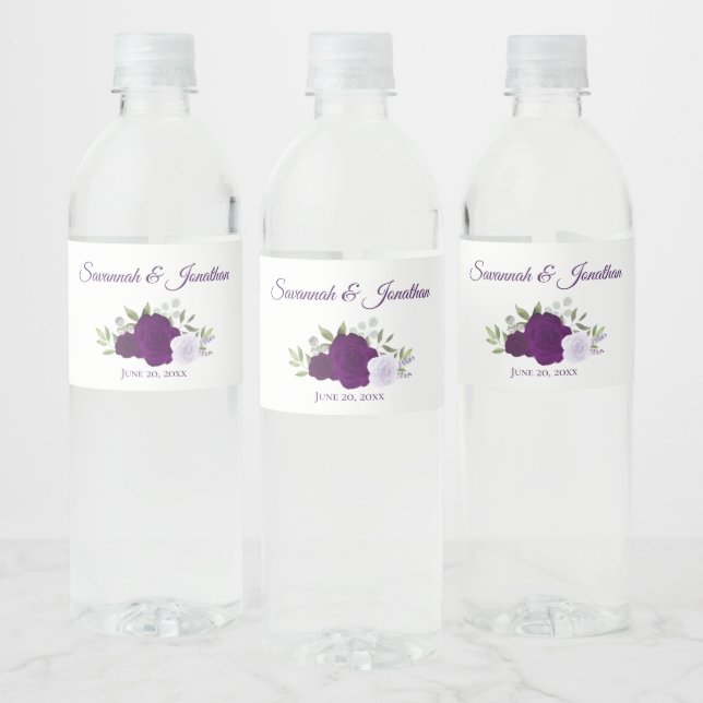 Rótulo De Garrafa De Vinho Casamento Elegante Roxo-Lavanda Rústico (Garrafas)