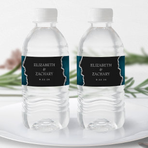 Rótulo De Garrafa De Vinho Casamento Escuro Azul Teal Prata Brilho Ágata