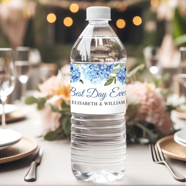 Rótulo De Garrafa De Vinho Casamento Eucalyptus com Hydrangea Azul Elegante (Criador carregado)