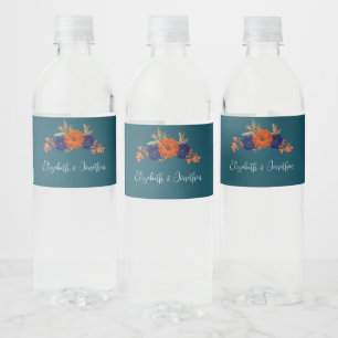 Rótulo De Garrafa De Vinho Casamento Floral Azul de Marinho Laranja de Outono