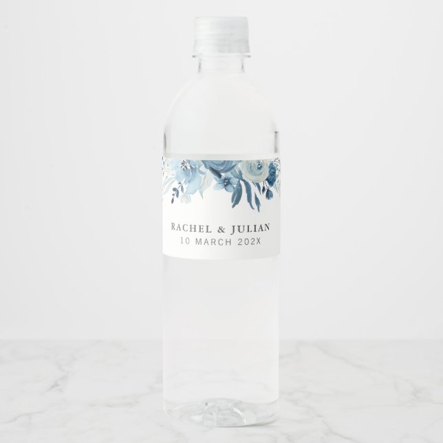 Rótulo De Garrafa De Vinho Casamento floral de cor aquosa azul (Frente)