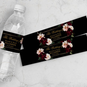 Rótulo De Garrafa De Vinho Casamento Floral Preto Burgundy Blush Sombrio