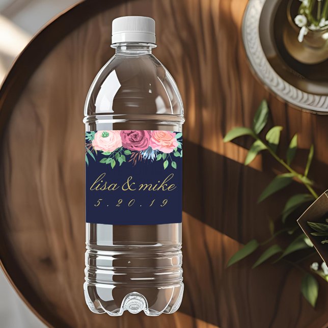 Rótulo De Garrafa De Vinho Casamento Floral Rústico Azul Marinho (Criador carregado)
