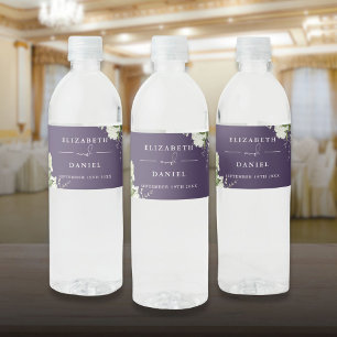 Rótulo De Garrafa De Vinho Casamento Floral Verde Elegante Roxo