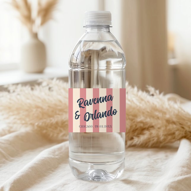 Rótulo De Garrafa De Vinho Casamento Listras Rosa Bege Azul Marinho Retro (Criador carregado)