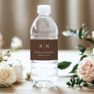 Rótulo De Garrafa De Vinho Casamento Marrom Minimalista e Chic Monograma