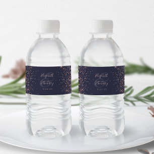 Rótulo De Garrafa De Vinho Casamento Moderno com Brilho em Azul Escuro e Dour