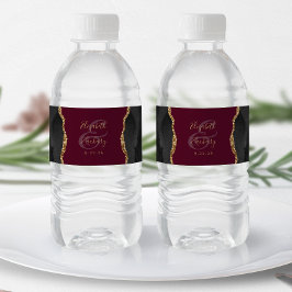 Rótulo De Garrafa De Vinho Casamento Moderno Preto Dourado Ágata Borgonha