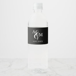 Rótulo De Garrafa De Vinho Casamento Monograma Preto e Branco Moderno