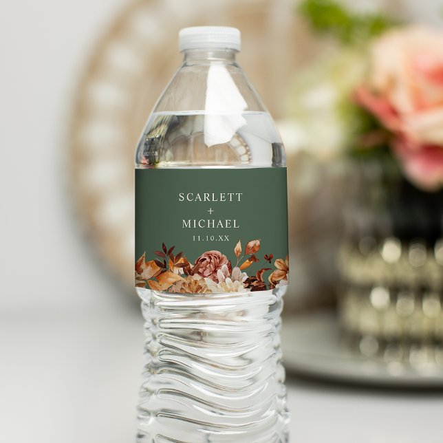 Rótulo De Garrafa De Vinho Casamento outono Sage (Sage Green Fall Floral Wedding Water Bottle Label Favor by Painted Paperie
)