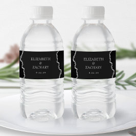 Rótulo De Garrafa De Vinho Casamento Preto Prateado Brilho Ágata Escuro