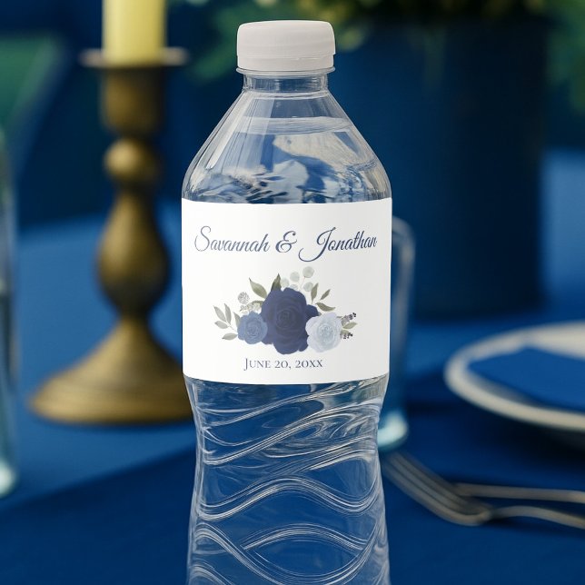 Rótulo De Garrafa De Vinho Casamento Rustic Marinho Dusty Blue & Indigo Rosas (Criador carregado)