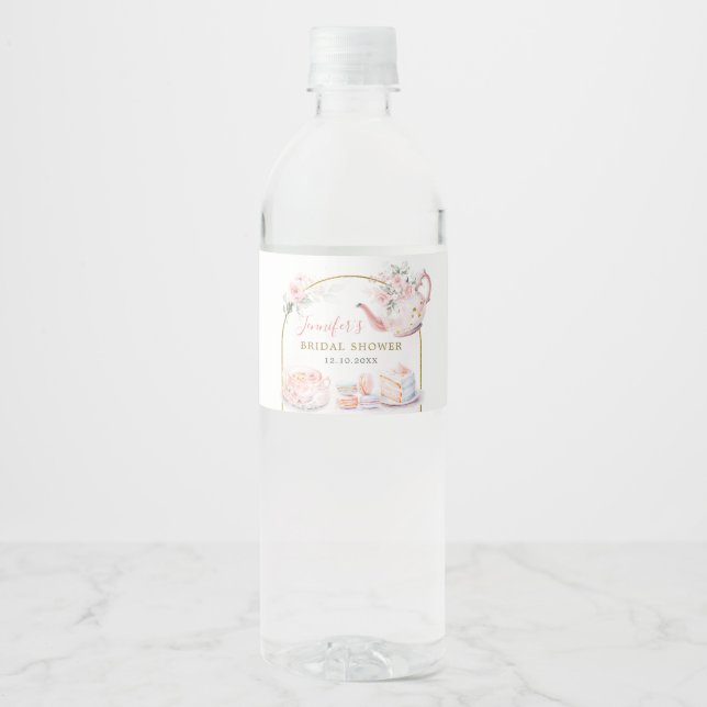 Rótulo De Garrafa De Vinho Chá de Bebê Festa de Chá Floral Rosa (Frente)