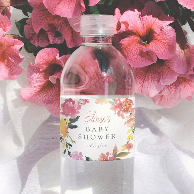 Rótulo De Garrafa De Vinho Chá de Bebê Menina Elegante Flores da Primavera (Criador carregado)