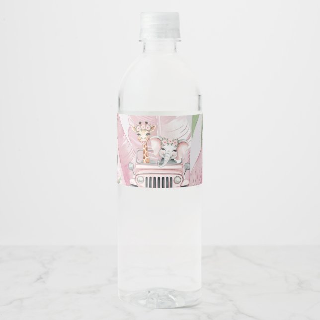 Rótulo De Garrafa De Vinho Chá de fraldas Rosa Safari Jungle Adventure Girl (Frente)
