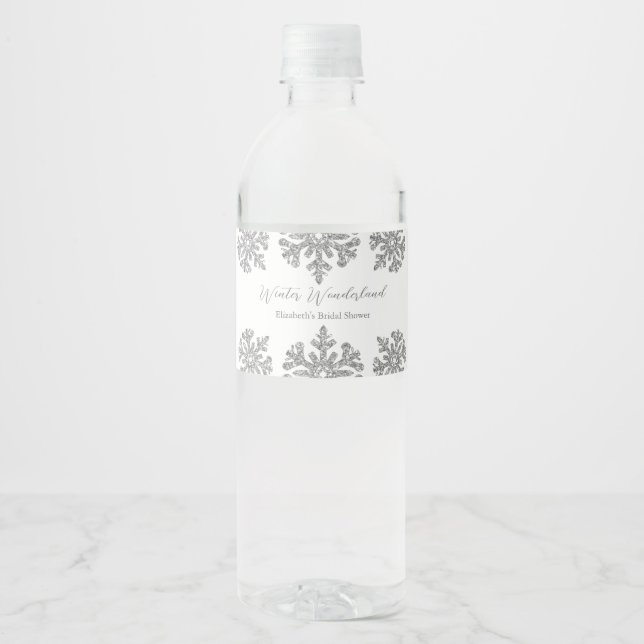 Rótulo De Garrafa De Vinho Chá de Noiva Floco de Neve Prateado de Inverno (Frente)