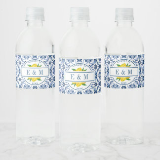 Rótulo De Garrafa De Vinho Chá de panela Azulejo azul-limão do Mediterrâneo