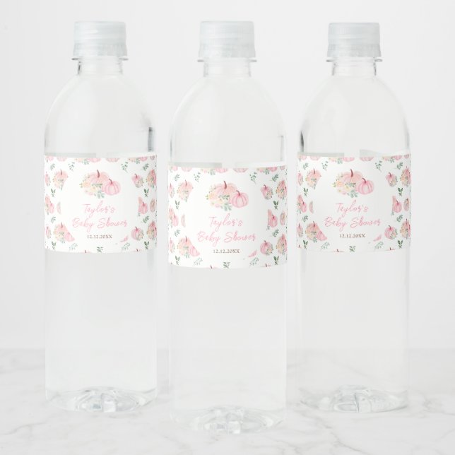 Rótulo De Garrafa De Vinho Chuva de Bebê Floral com Abóboras Rosas (Garrafas)