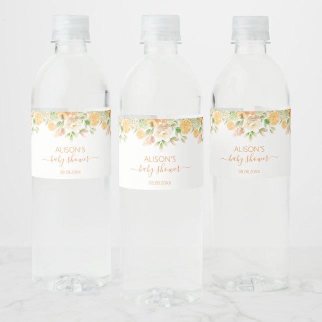 Rótulo De Garrafa De Vinho Chuva de Bebê Menina com Greenery e Rosa Amarela F (Garrafas)