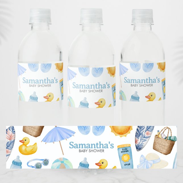 Rótulo De Garrafa De Vinho Chuva de Verão Chá de Bebê (Blue Splish Splash Baby Shower Bottle Label)